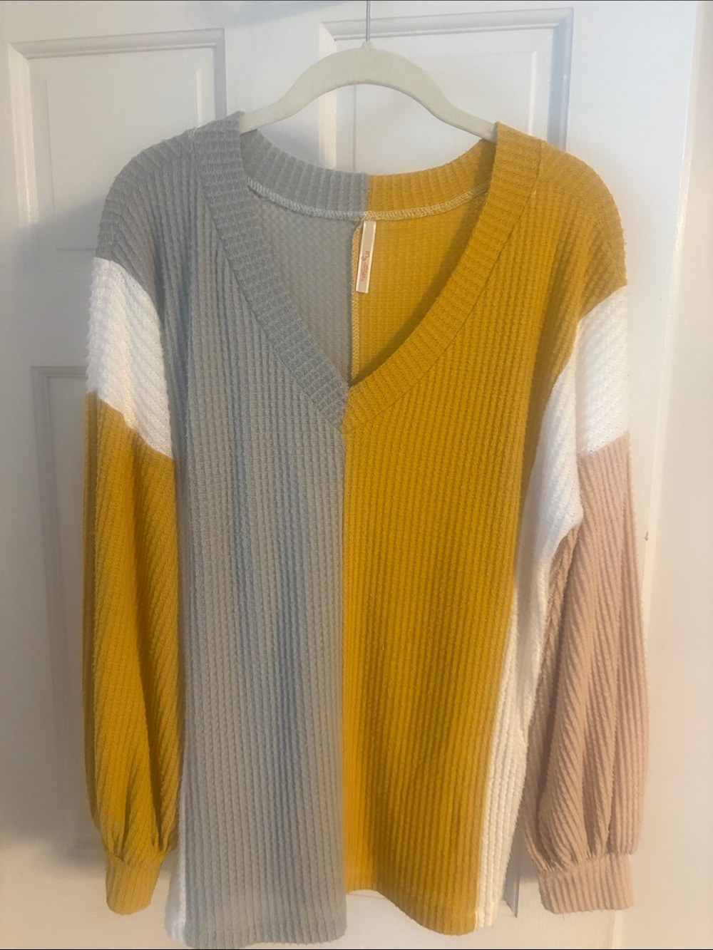Colorblock V-Neck Ribbed Sweater - Mustard, Gray, White, Blush